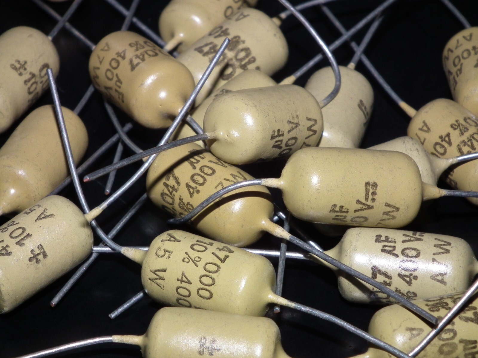 Two vintage Mullard Mustard Capacitors 0.047mfd / 400V (47nF