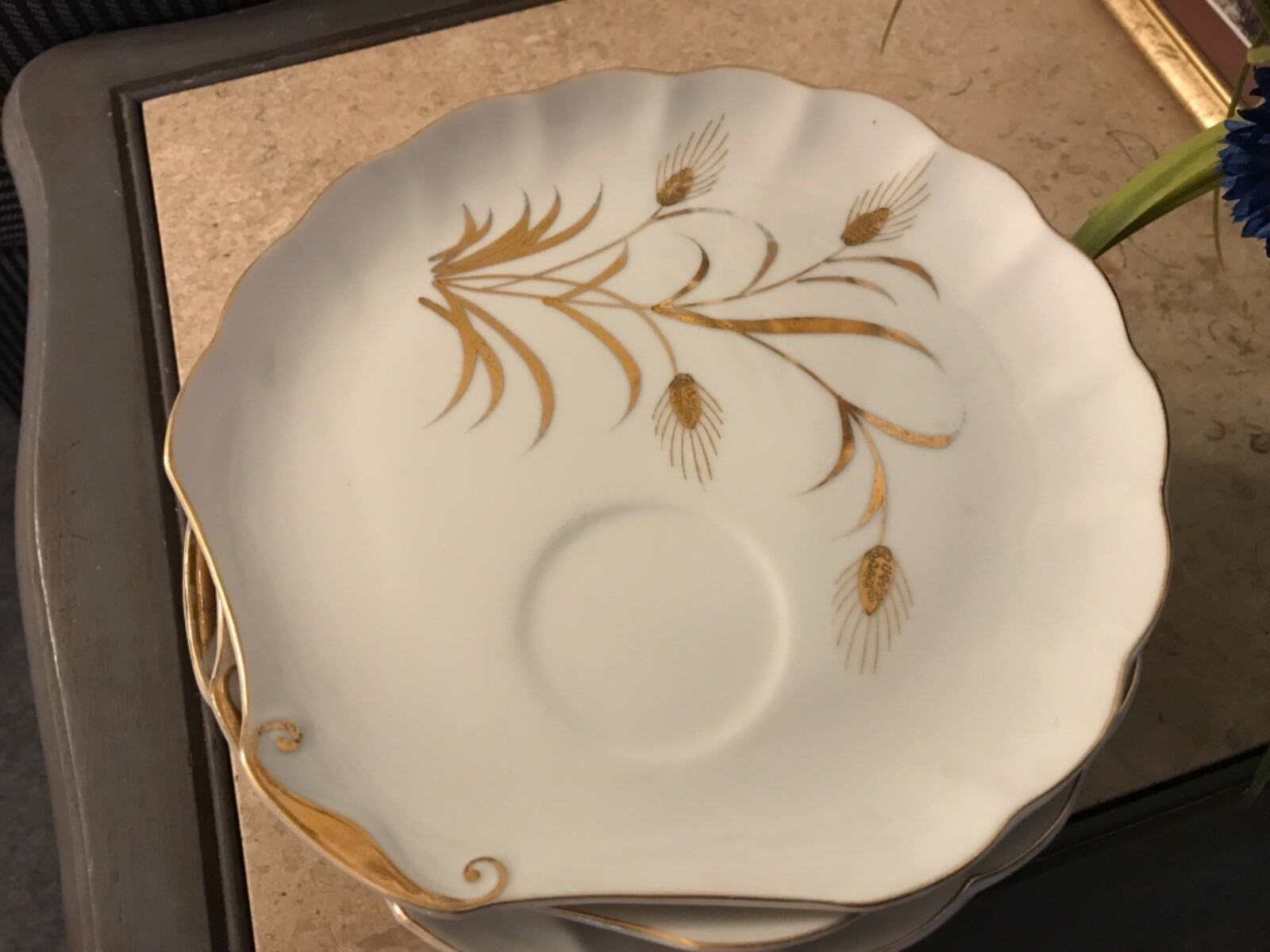 lefton china hand painted Gold and White Seashell Plates x 13