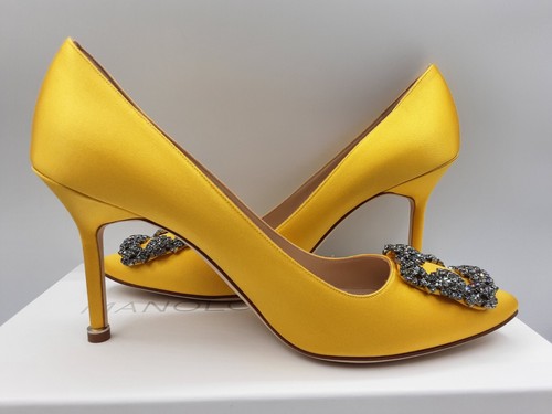 Pre-owned Manolo Blahnik Hangisi 90 Yellow Satin Jewel Buckle Pumps Heels Eu 37 Us 7 $1195