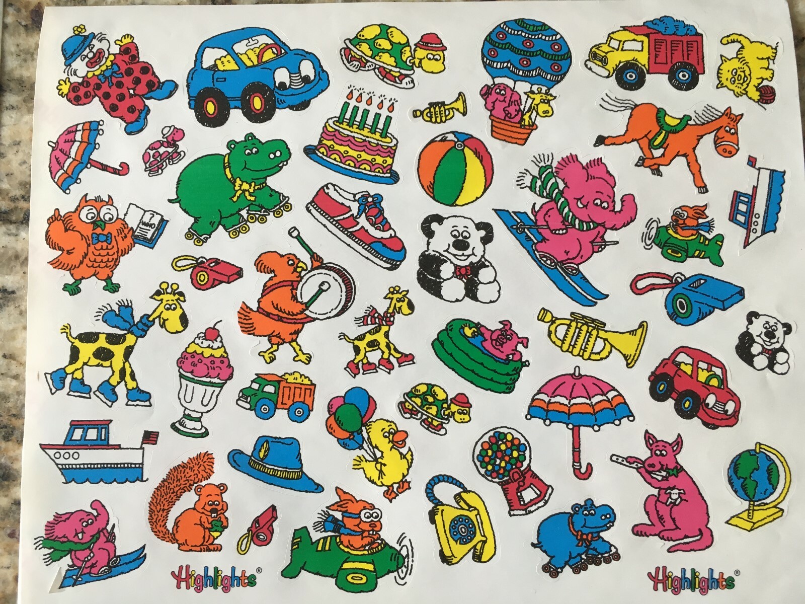 Vintage Highlights Childrens Stickers 6 sheets Dinosaurs Faces Cartoon Animals