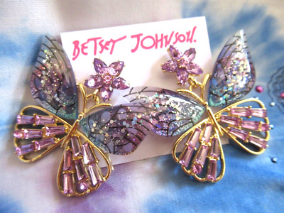 Betsey Johnson Acrylic Crystal Lucite Butterfly Statement Stud  Earrings NWT