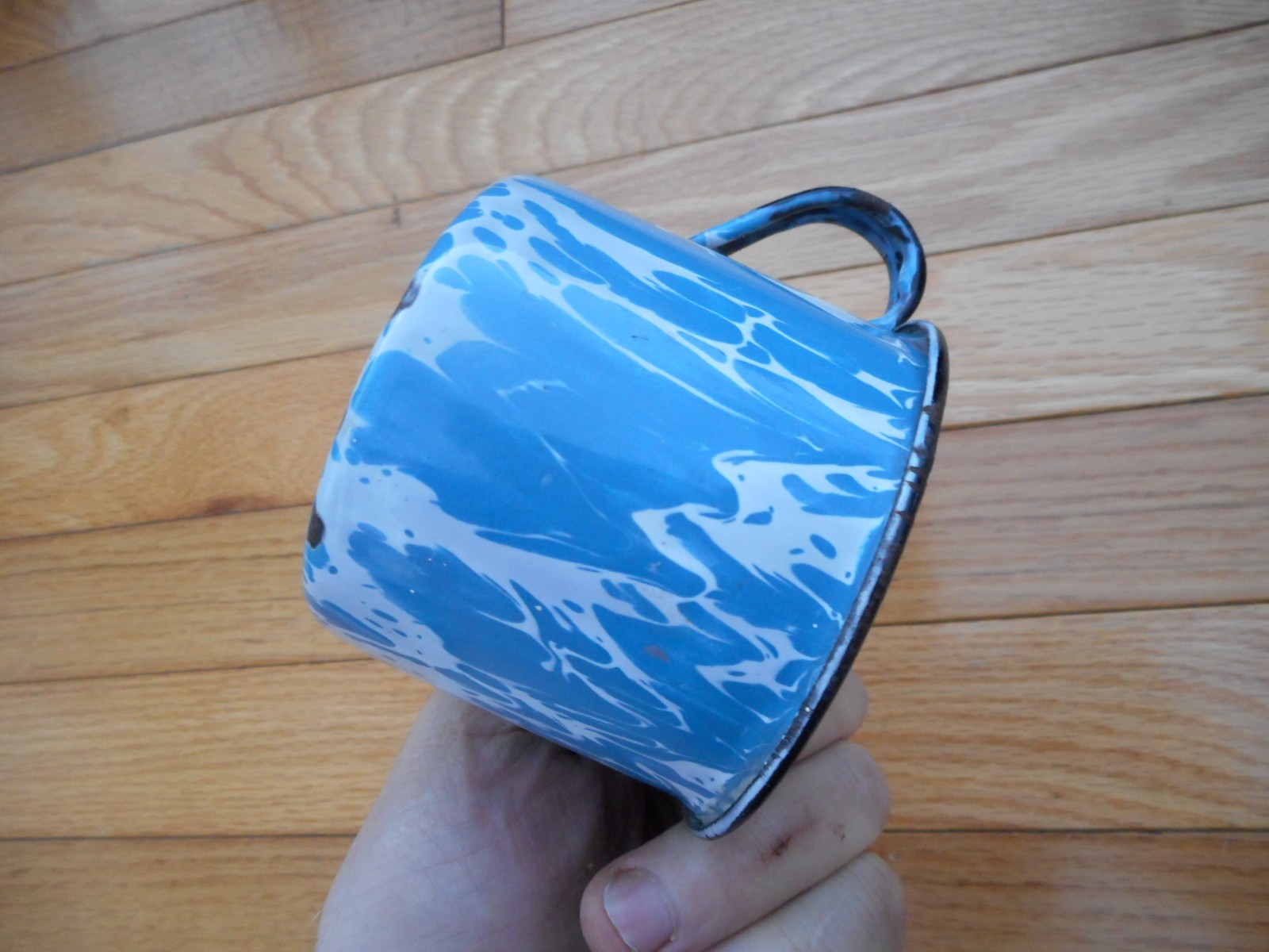 Vintage Antique Graniteware Blue White Swirl Cup Mug Metal Enamelware