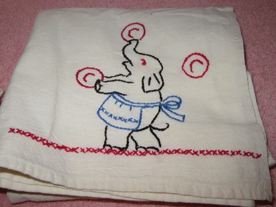 6 Vintage Muslin/Cotton Tea Towels-Snow White,Elephant,Sunbonnet Sue,Butterfly