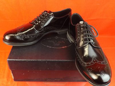 Pre-owned Prada 2ee061 Black Patent Leather Lace Up Wingtip Perforated Oxfords 10 11