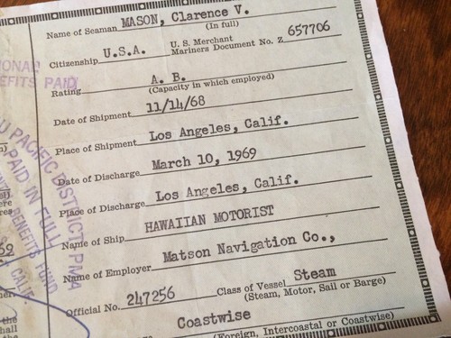 1969  U.S. Coast Guard Certificate of Discharge Merchant Seaman Steam Vessels