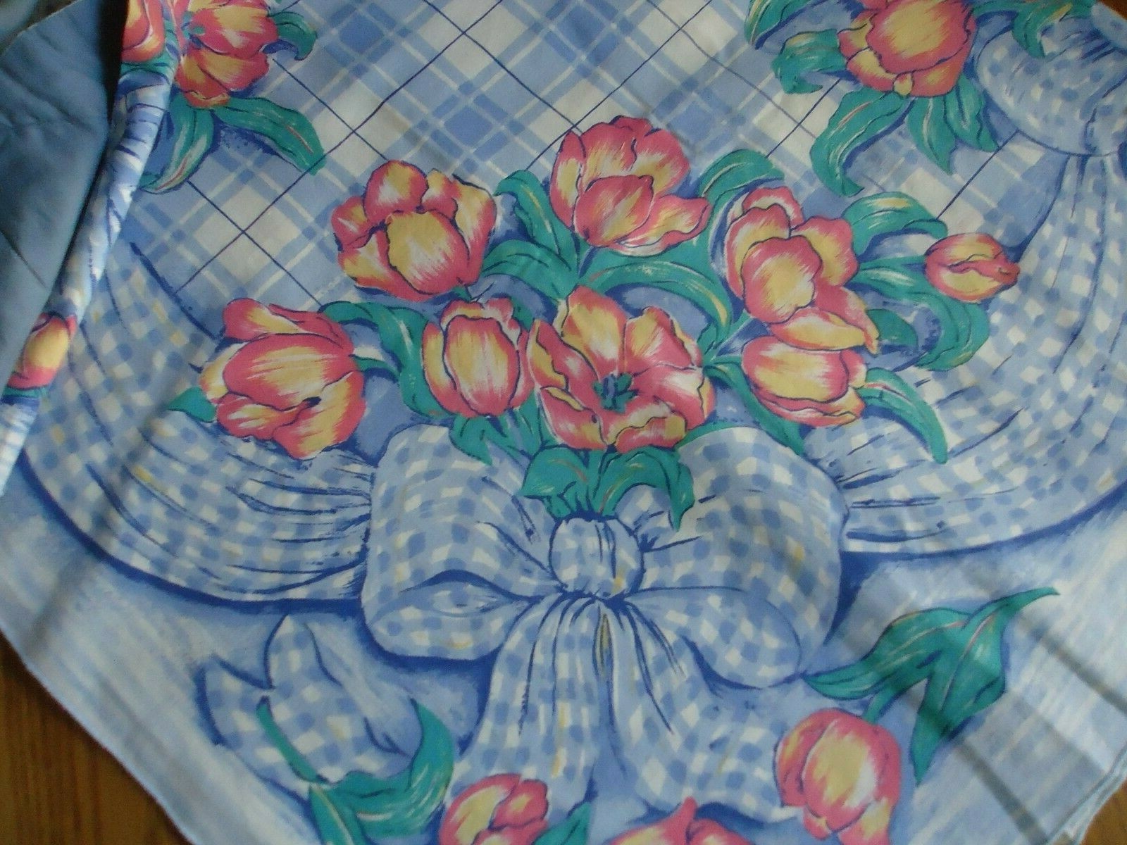 Vintage Cotton Tablecloth Blue White with Tulips 50