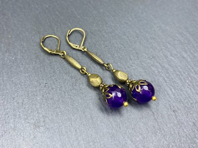 Purple Mashan Jade Dangle Earrings Antique Bronze Lever Back