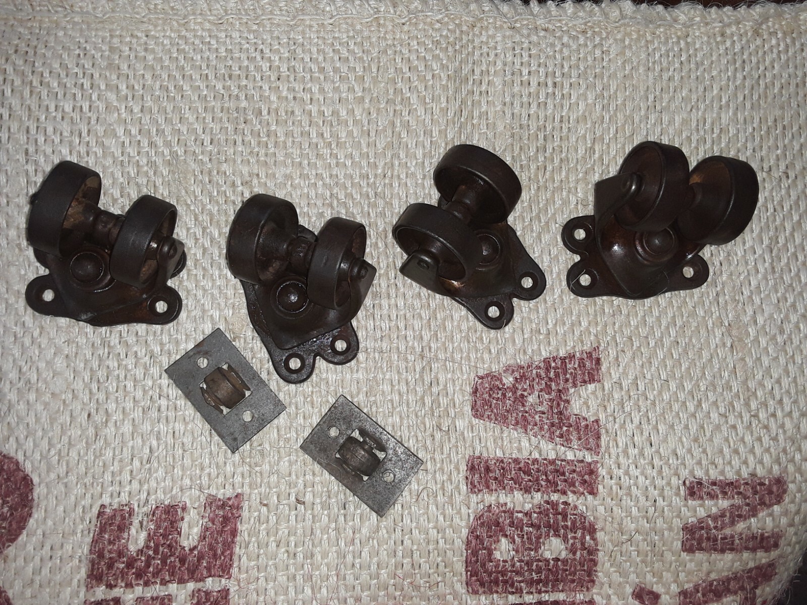4 Antique Industrial 2 wheel Cast Iron Casters SWIVEL WHEELS & 2 flat strait rol
