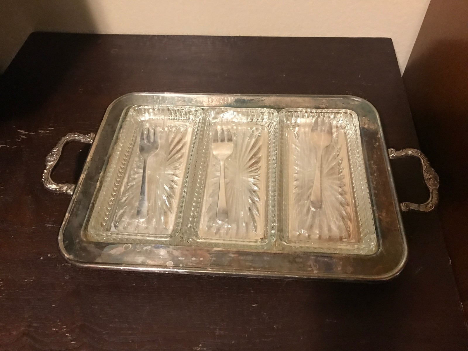 VTG Silver Plate Footed Serving Tray - Three glass inserts- forks by LEONARD~USA