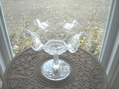 Small Vintage Ruffled Top Clear Glass Compote Swirled Stem