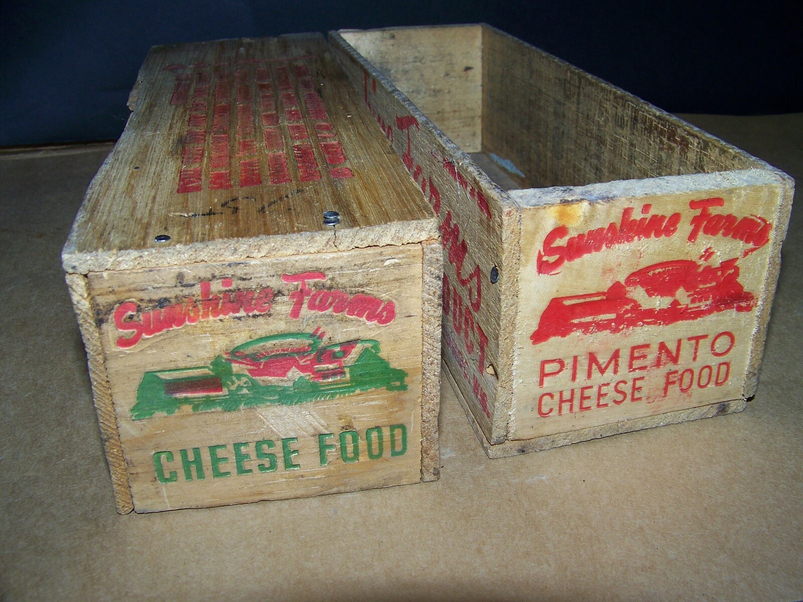 ANTIQUE PRIMITIVE WOOD SUNSHINE FARMS MANITOWAC WIS CHEESE BOX FARM PATINA OLD