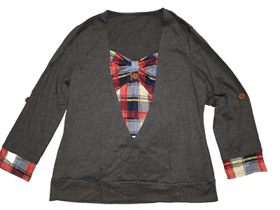 NEW 3X PLUS SIZE GORGEOUS GRAY & PLAID TUNIC SHIRT TOP BLOUSE BOW SEEM FRONT