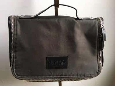 NIB Versace Parfums Trousse Pouch Gray Black Leather Mesh Toiletry Travel Bag