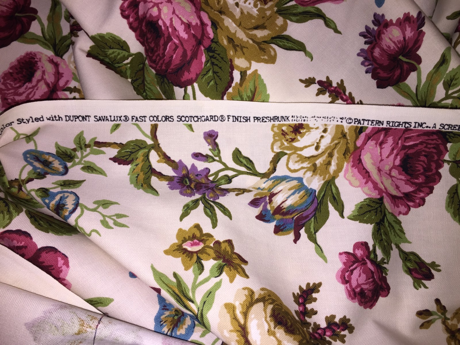 Vintage SAVALUX DUPONT Screenprint~UPHOLSTERY DRAPERY FABRIC~6+YDS~Cream ROSES