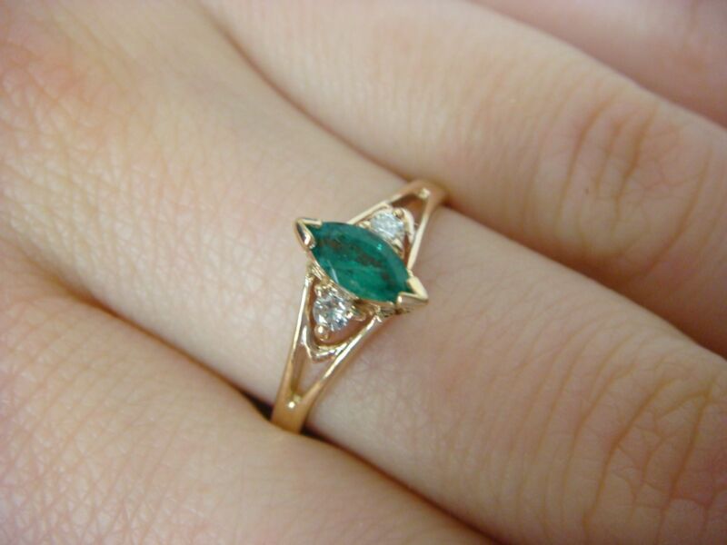 14k Gold Marquise Emerald And Diamonds "miss Usa Collection" Ring, Size 7.5