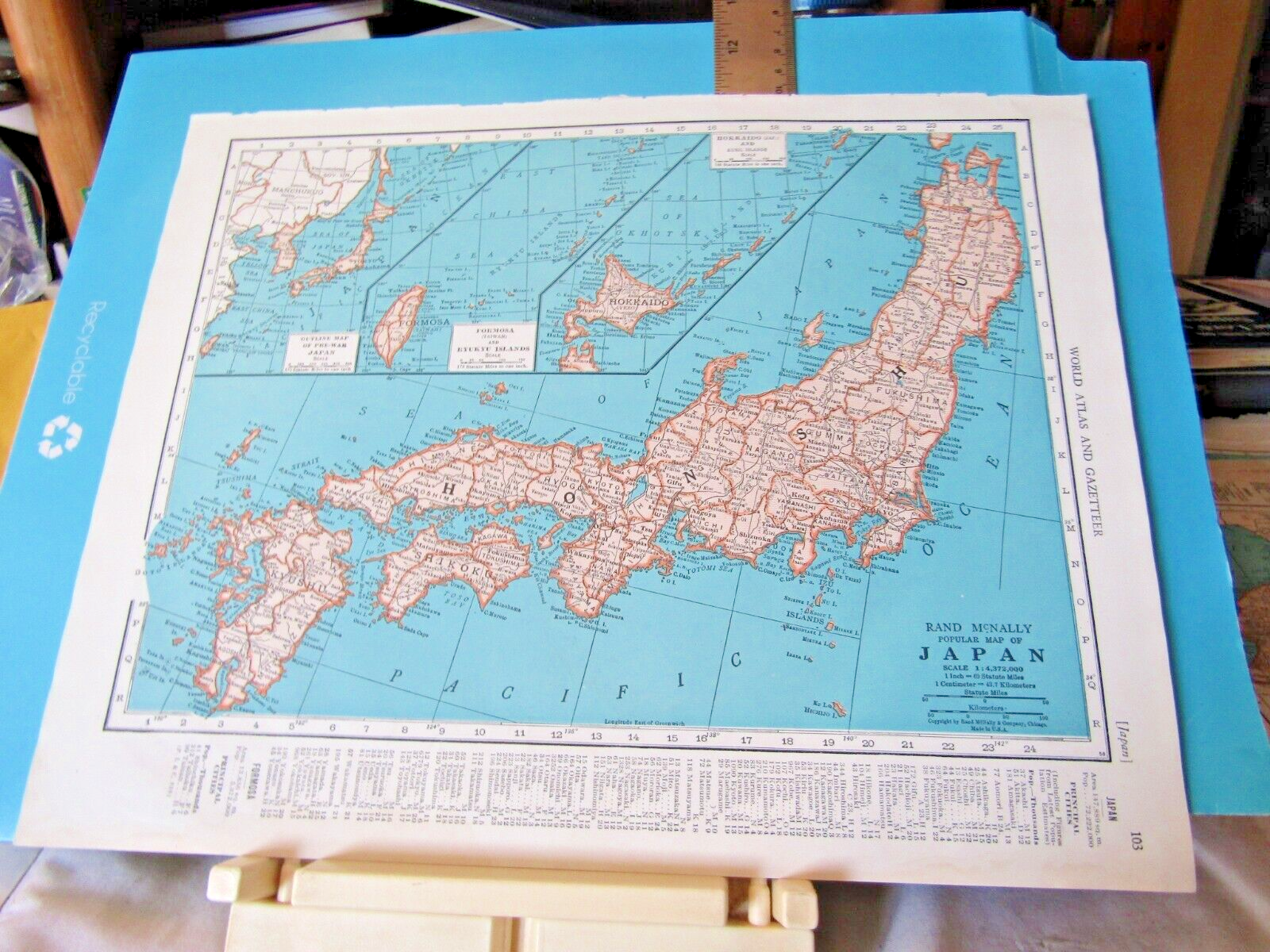 1949 color map of Japan on one side & whole of Africa continent on