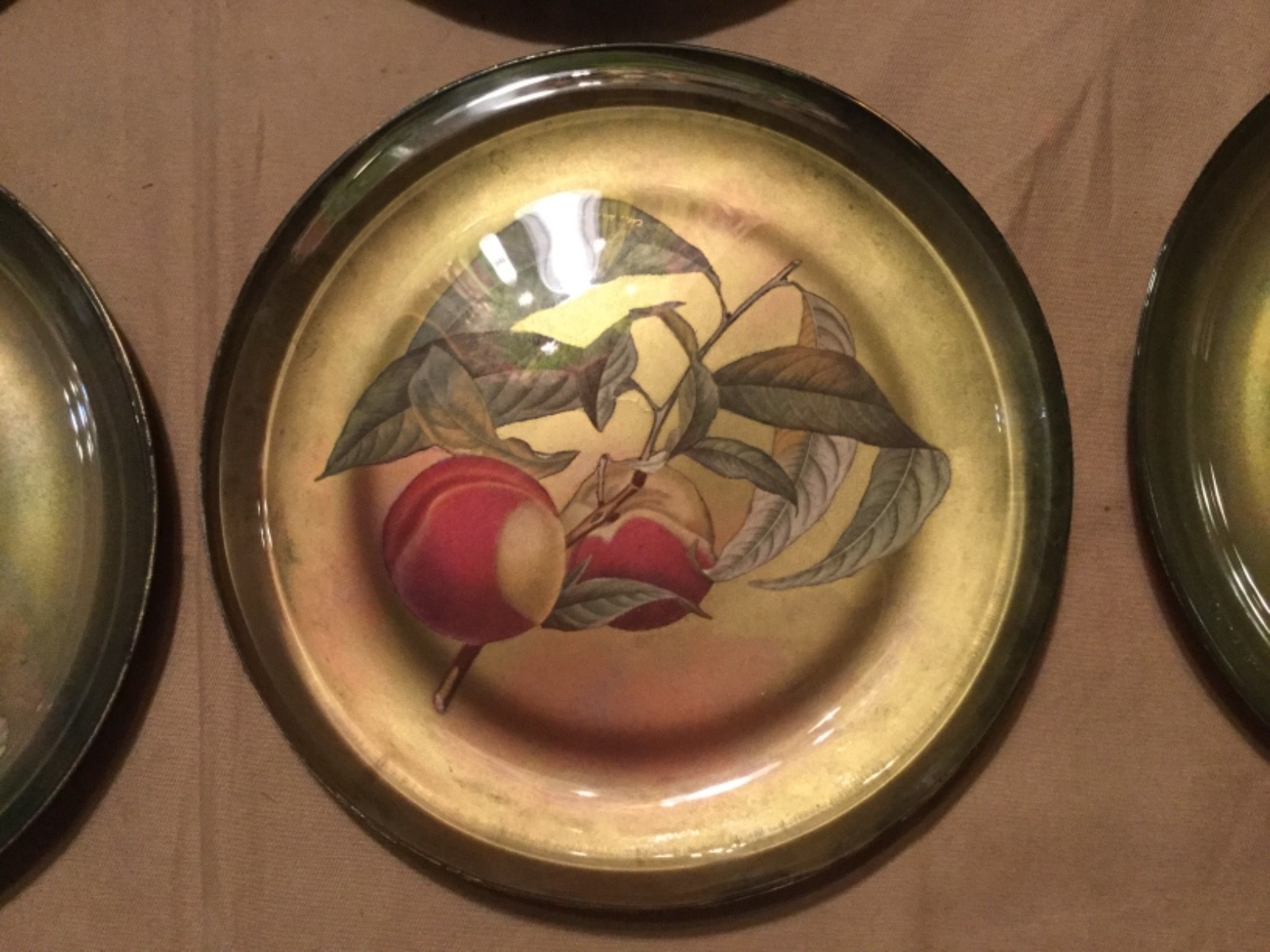 8 Glass Plates with Fruit Applique and Gold Backs M. Halstad