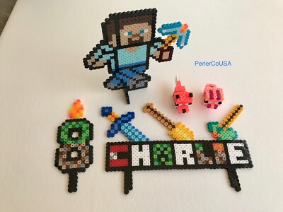 5 pc Mine Craft Custom Name Birthday Cake Toppers Steve BlowFree Candle Animals
