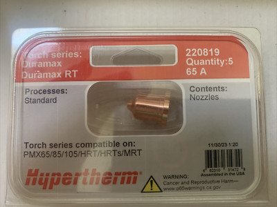 Genuine Hypertherm 220819 Nozzle 65A Powermax 65 85 & 105 OEM HRT/MRT (5 Pack)
