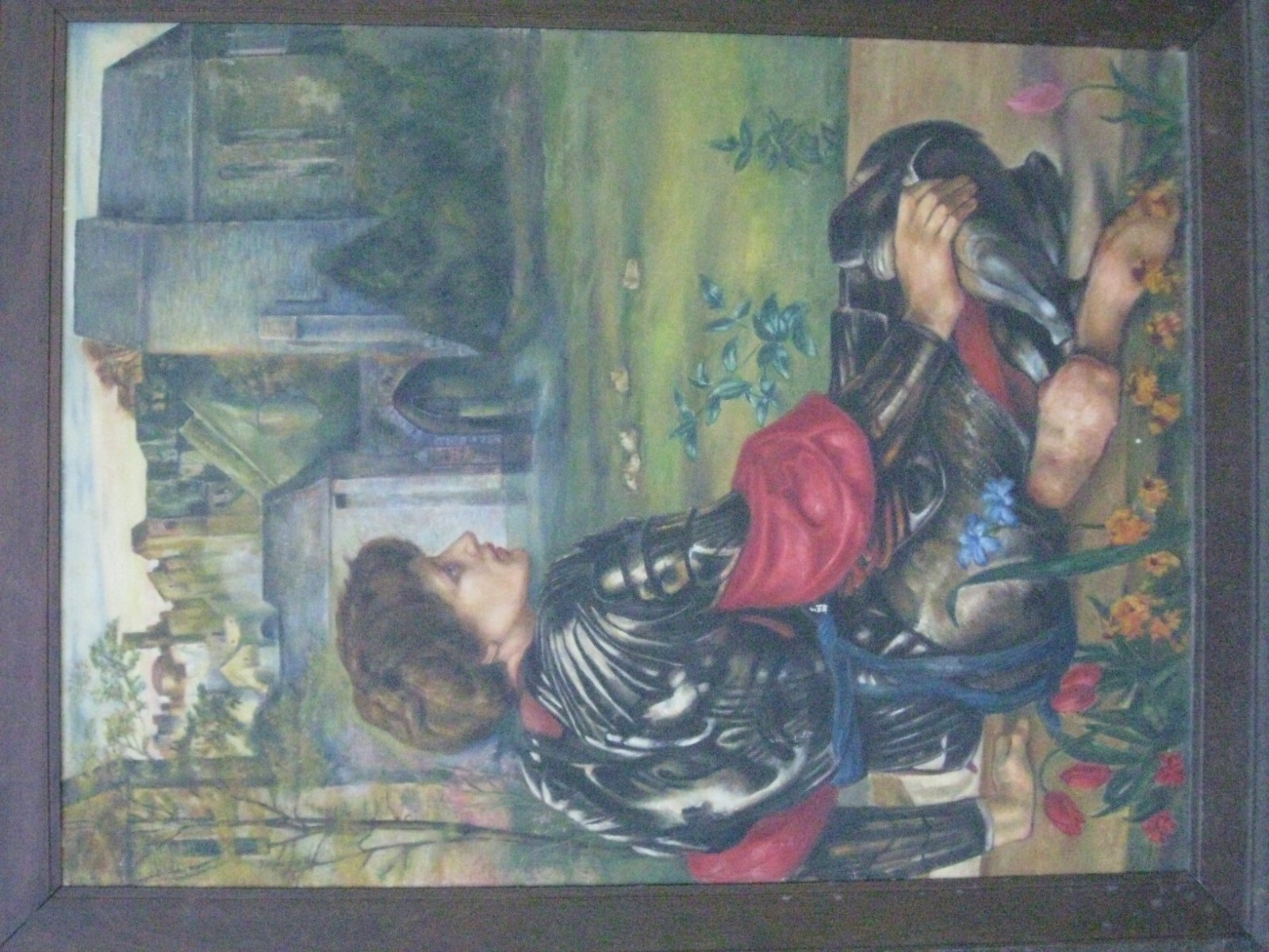 Pre-Raphaelite Knight & Castle - After Burne-Jones - Antique Painting