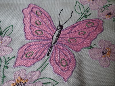 Lovely Vintage Light Green Linen Runner Big Pink Embroidered Butterfly Floral