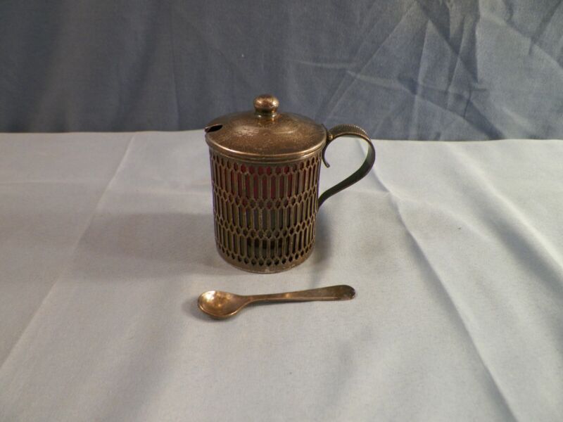 Antique Sterling Mustard Pot Condiment Jar w/ Spoon & Ruby Glass Liner