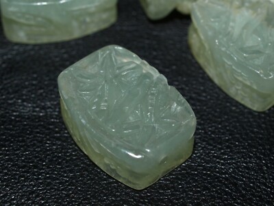 Vintage Carved Chinese  Bead Green Serpentine Jade Flowers 20mm Rectangular 