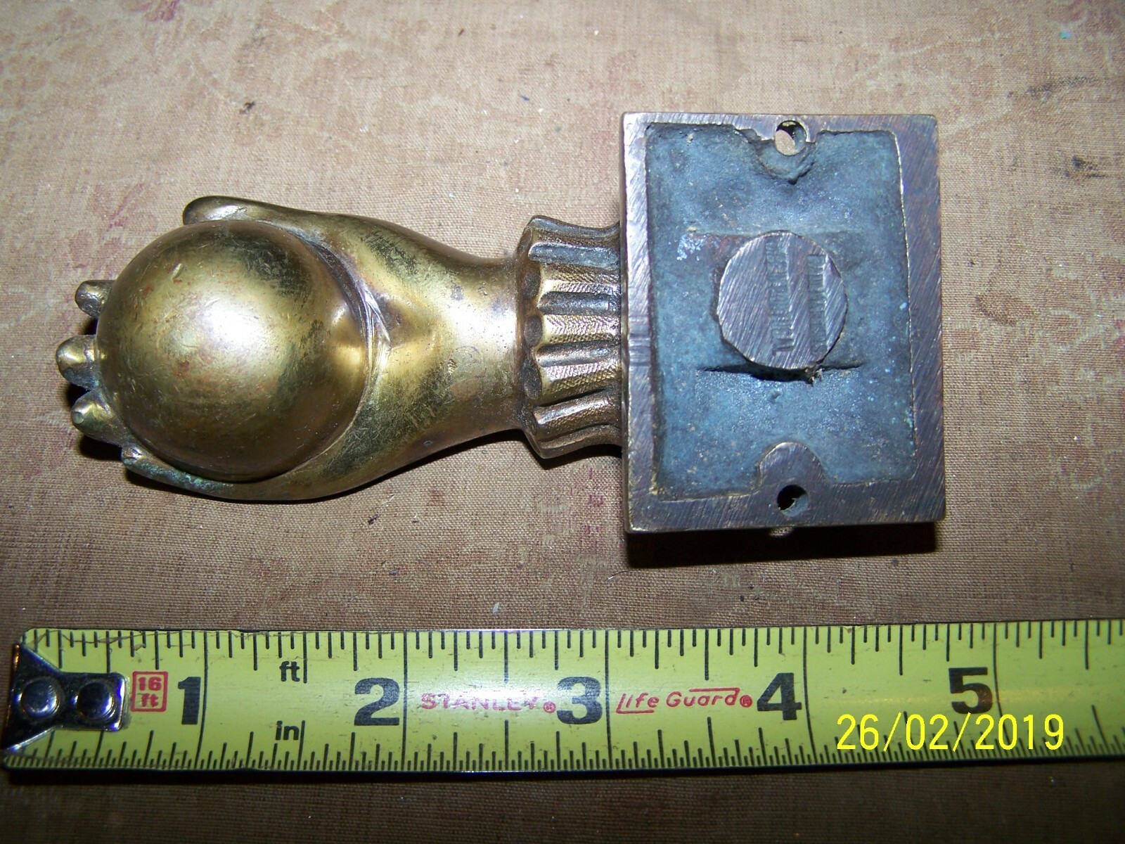 Antique/Vintage Heavy Brass Door Knocker, Hand With Ball Marked Raul Martins