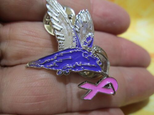 Breast Cancer Awareness Hummingbird Pink Ribbon Enamel Lapel Pin Silver Tone / P