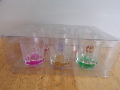 New Set of 6 Bacardi Shot Glasses : Pink, yellow , Green, Orange, Red, Blue. Bat
