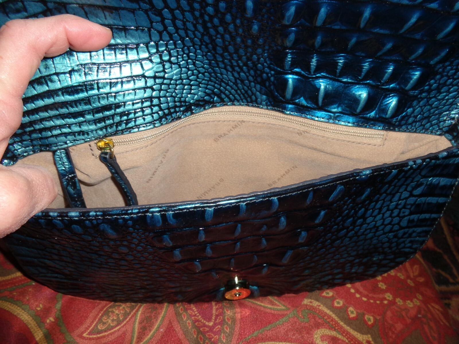 NWT BRAHMIN SANDRINE VERDIGRIS CROCO EMBOS LEATHER CLUTCH WRISTLET BAG