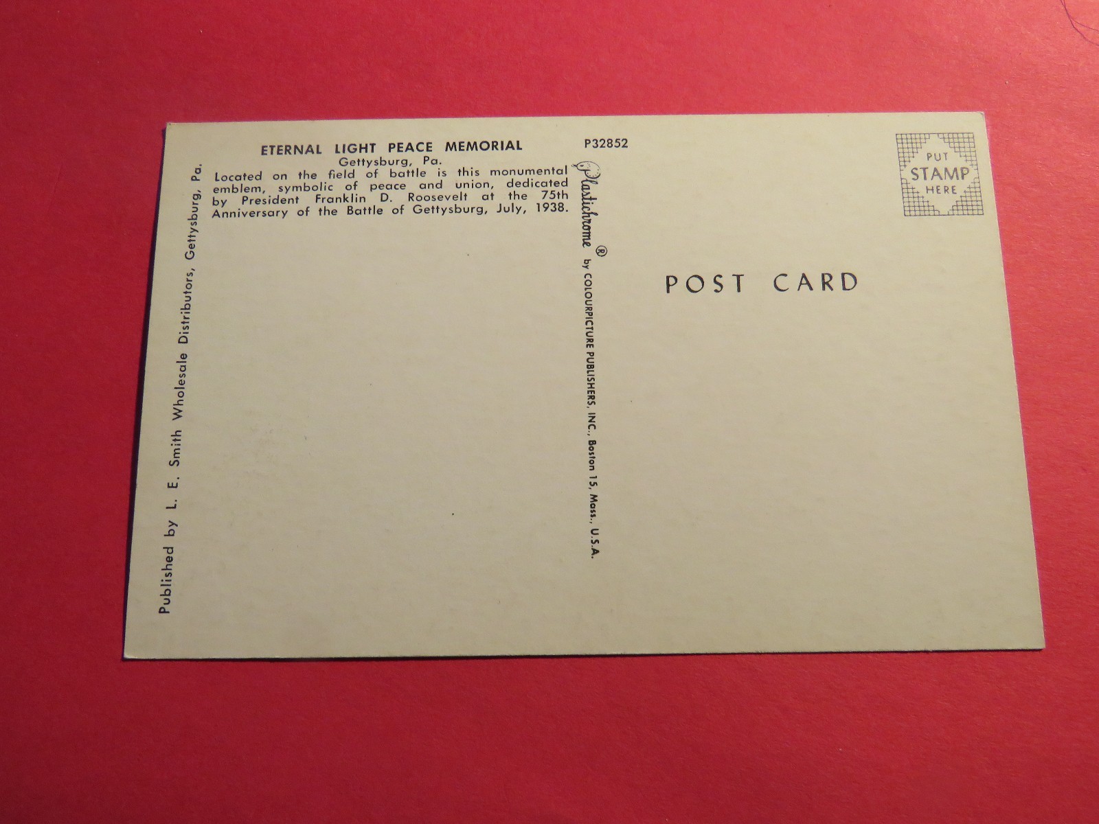 Gettysburg PA Eternal Light Peace Memorial Vintage Old  Postcard PC368