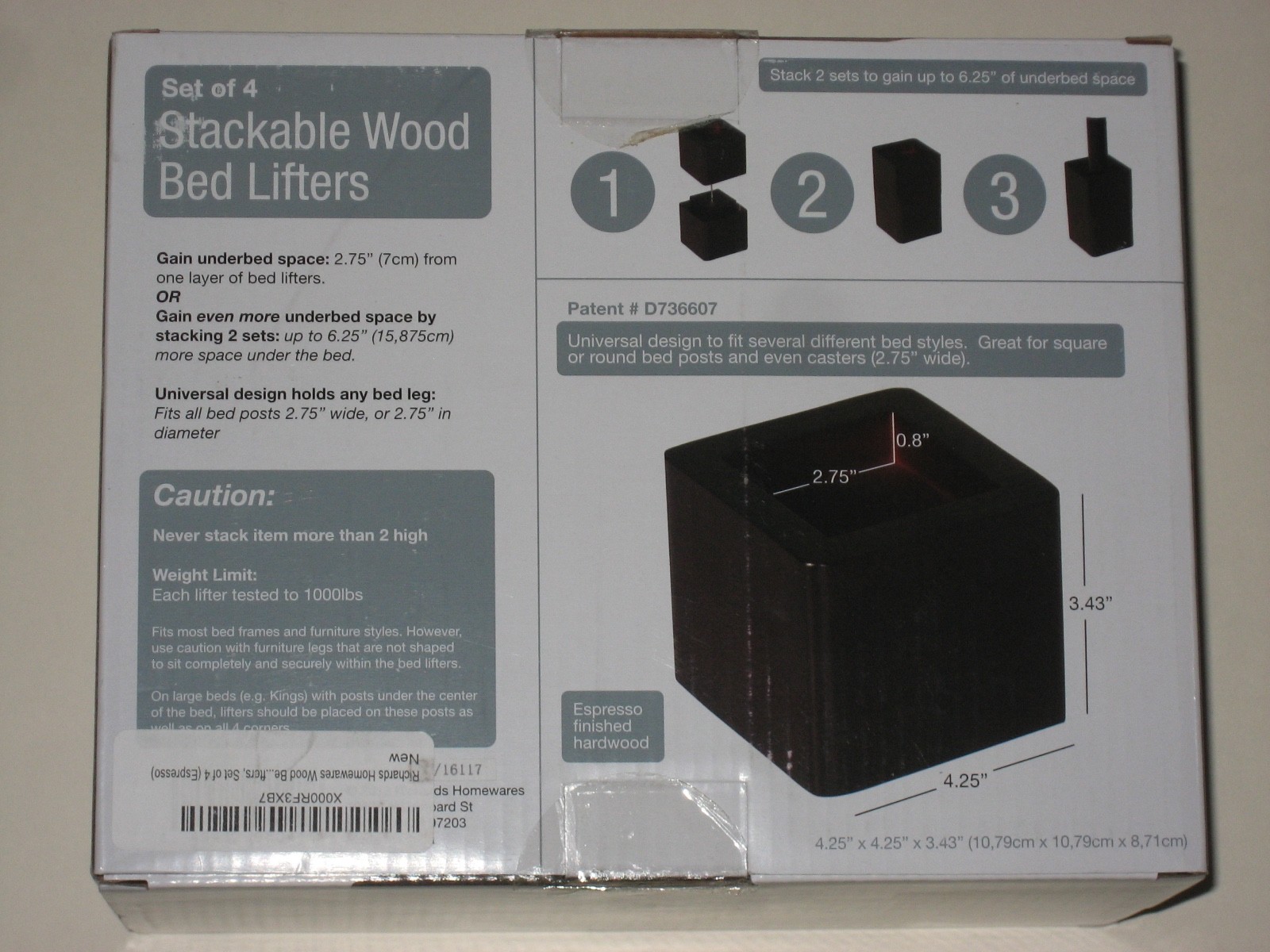 Richards Stackable Wood Bed Lifters Risers Set of 4 (Espresso Brown) Brand New