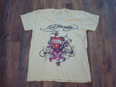 Men's Ed Hardy Christian Audigier YELLOW BEAUTIFUL LOVE V-NECK T-Shirt LG VINT!