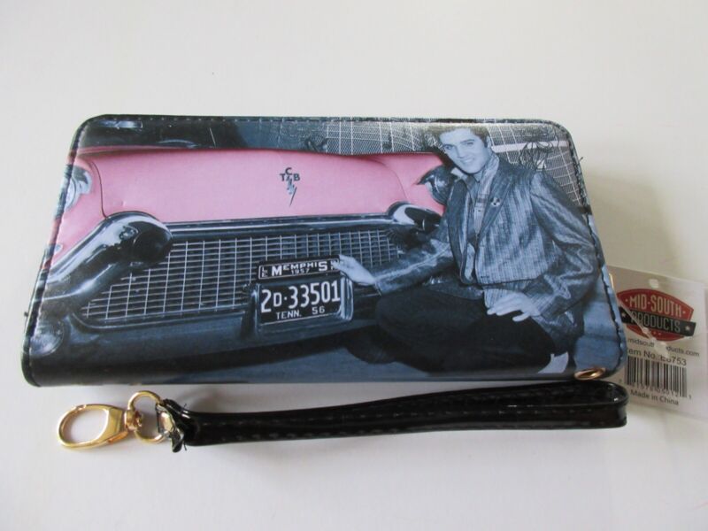 Elvis Presley Zipper Wristlet Wallet With Pink Cadillac Print - Licensed New