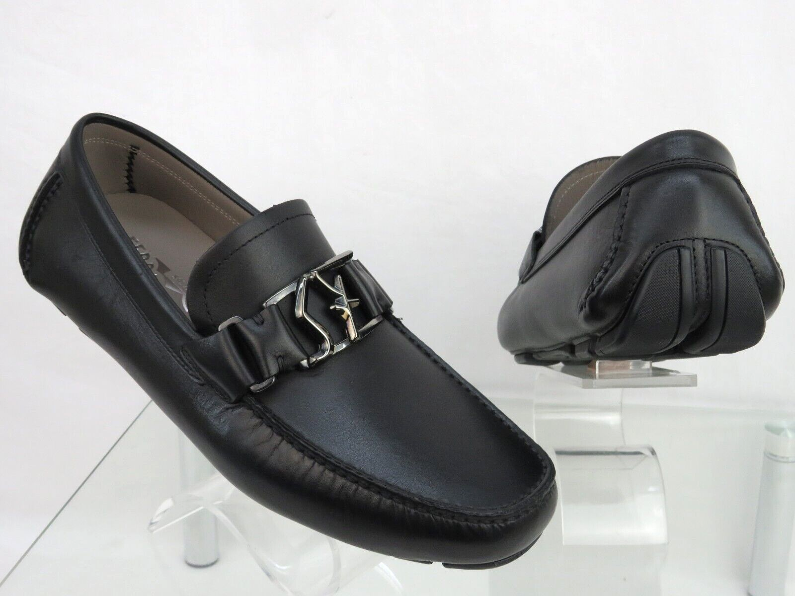 Pre-owned Ferragamo Peter Black Leather Sf Logo Buckle Moccasin Driving Loafers Us 10 D