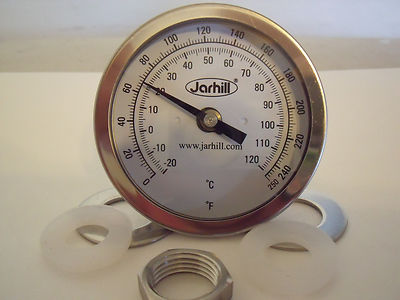 New Jarhill 2.5" Probe 0-250°F 3" Face 1/2" NPT Home Brew  Kettle Thermometer
