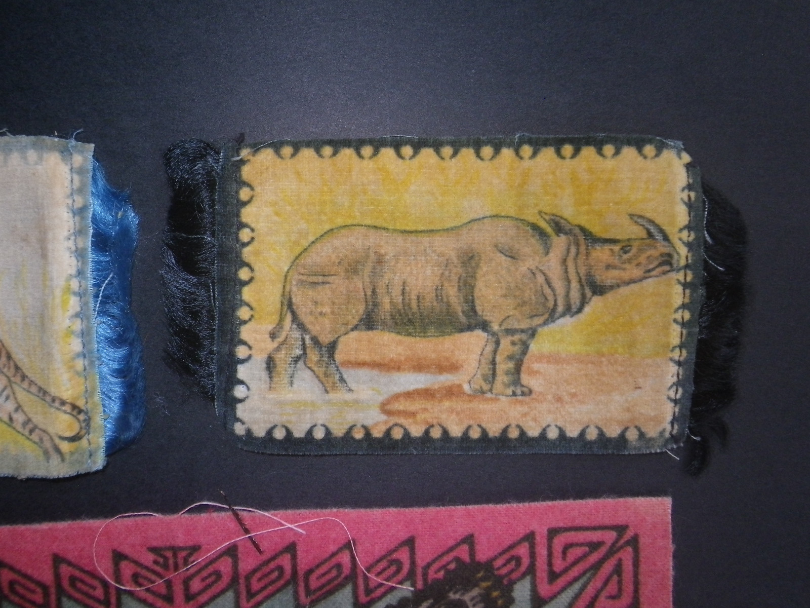 Vintage Textile Fabric Beaver Pelt Tiger Rhinoceros Miniature Rug Antique