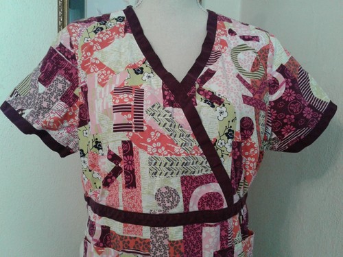 Koi Womens XL Scrub Top Pink Green White Floral Geometric Short Sleeves Pockets