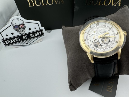 Pre-owned Bulova Sutton Gold Stainless Automatic 4-hand Watch Open Heart Leather 42mm