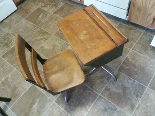 Vintage Child's School Desk & Chair Wood And Metal