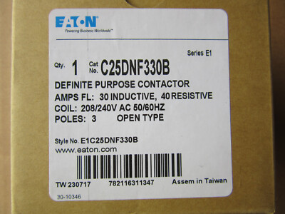 Eaton C25DNF330B Definite Purpose Contactor 3P 30A 208/240V Coil New in Box