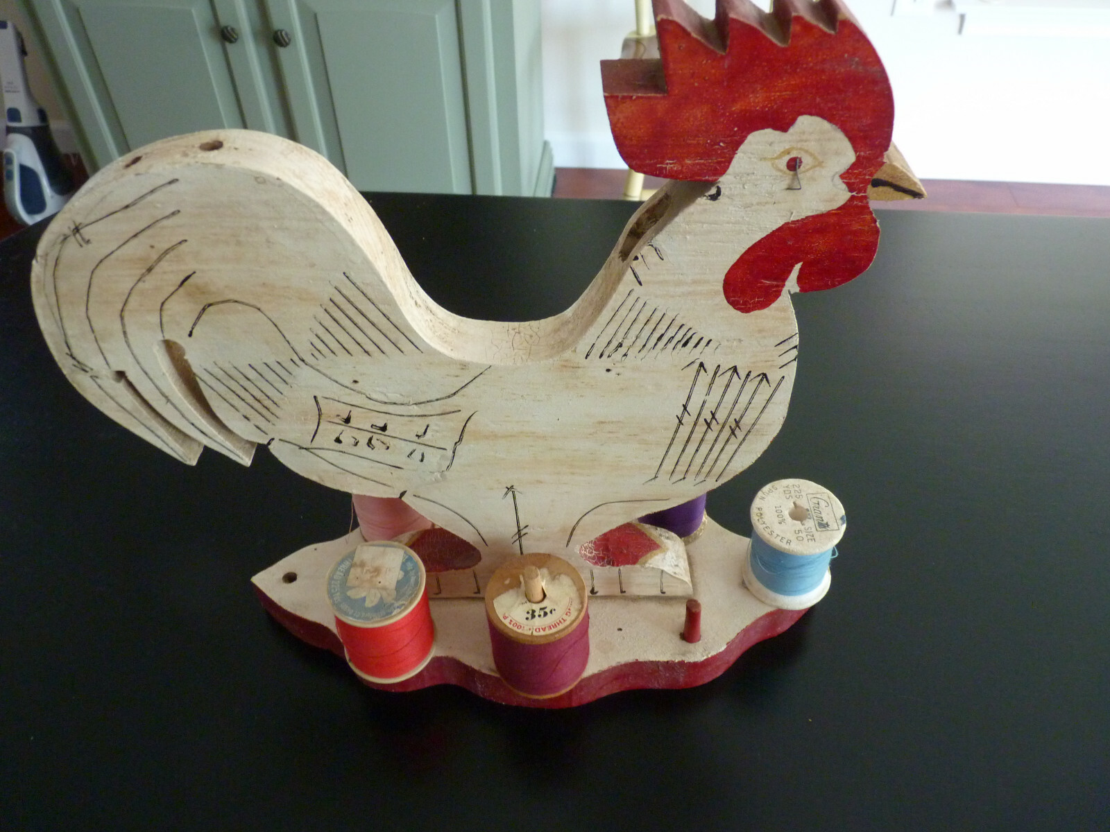 Vintage Wood Rooster Thread Holder
