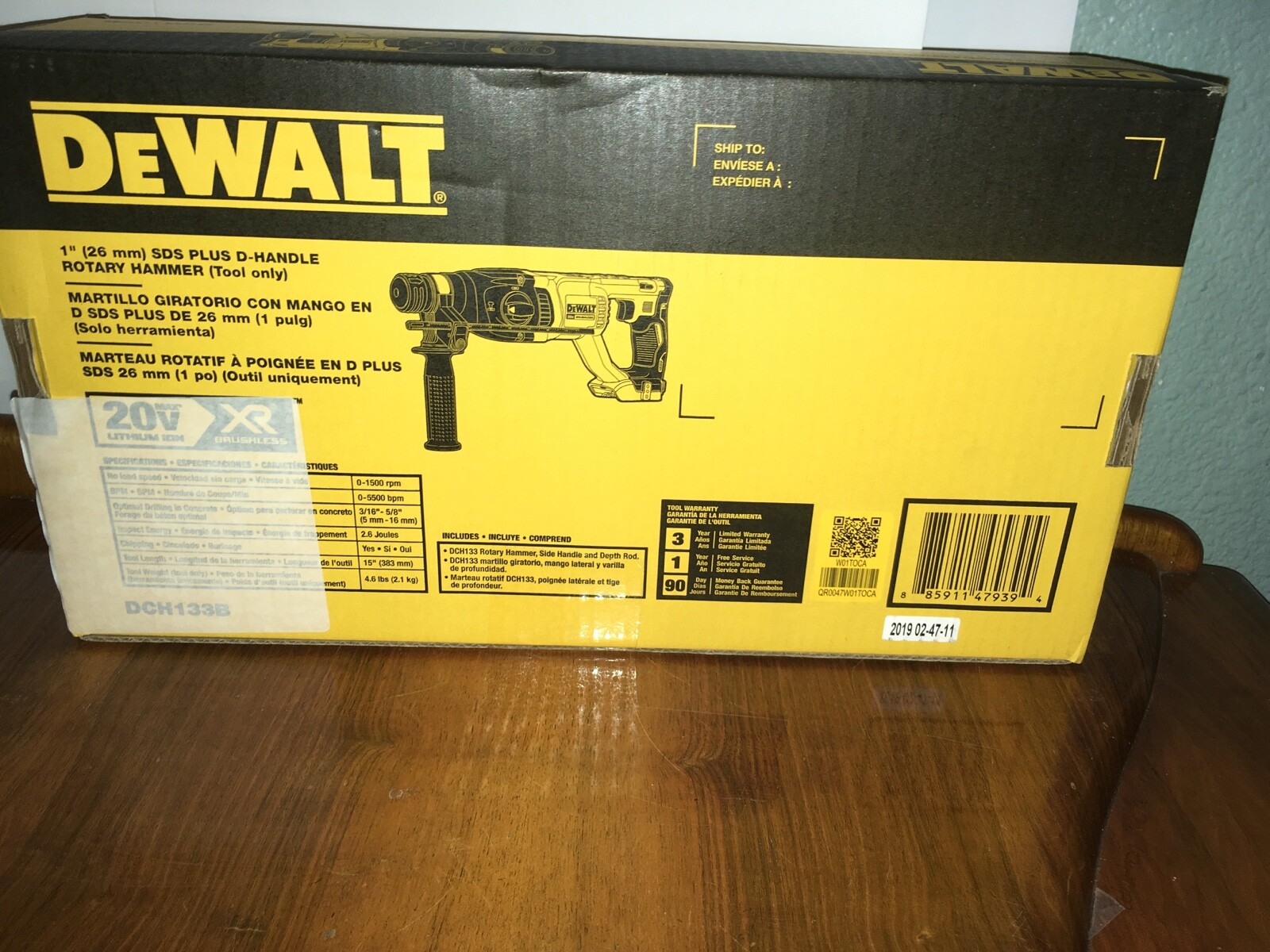New Dewalt DCH133B 20V Max XR 1” D-Handle Brushless Rotary Hammer (Bare Tool)