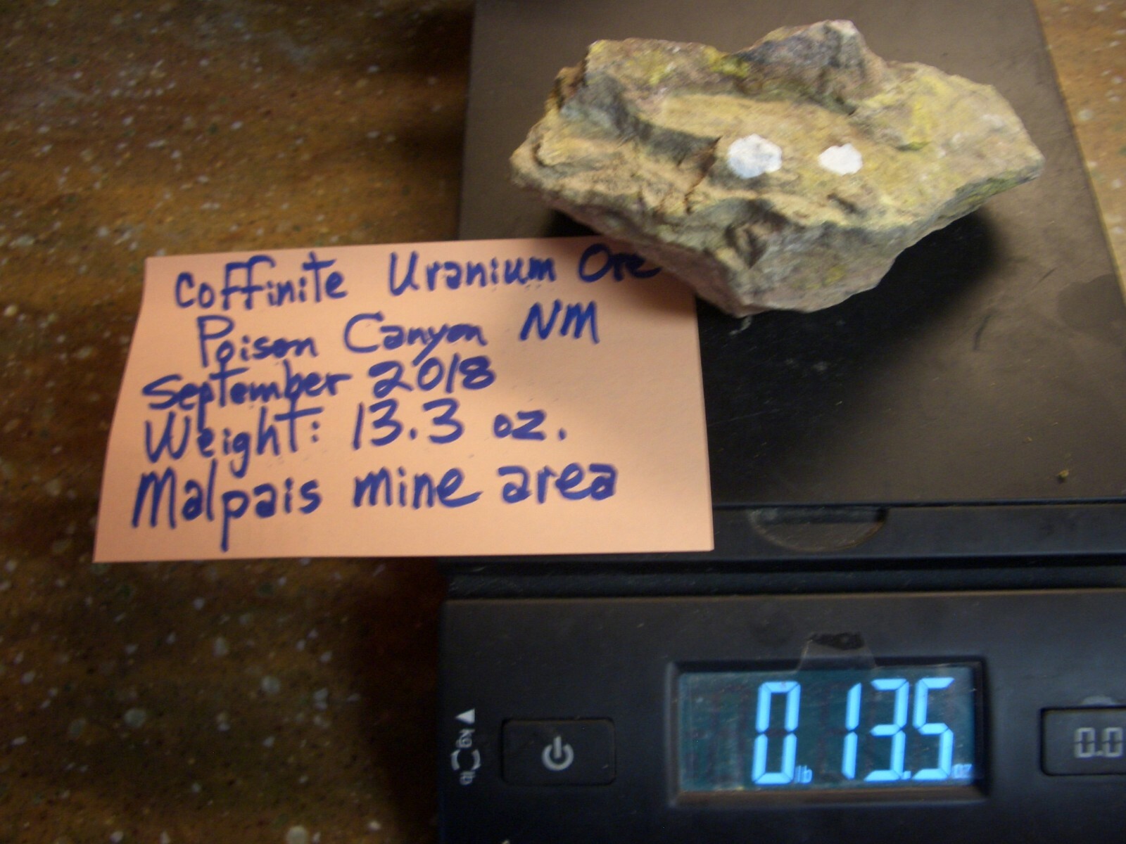 COFFINITE NATURAL URANIUM ROCK;  NEW MEXICO;   13.3 oz.   $22.00 + s/h