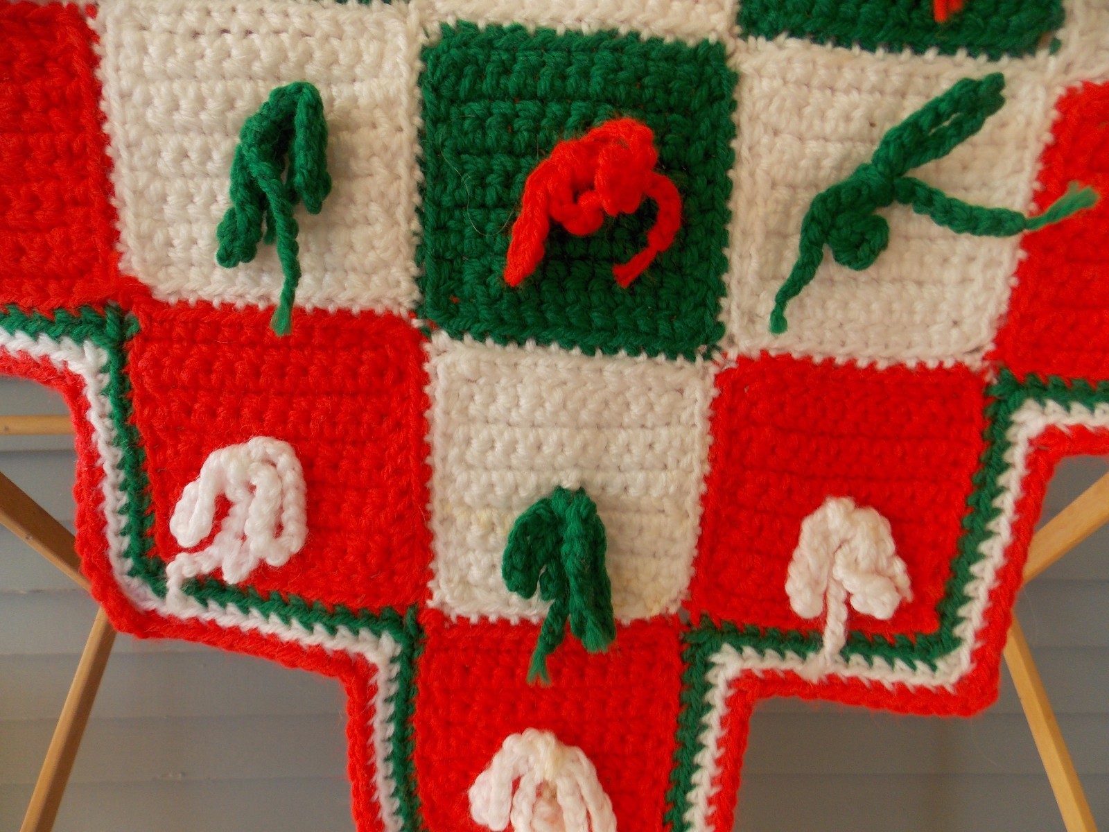 Vintage Christmas Tree Skirt Red White Green Crochet Granny Square with Bows
