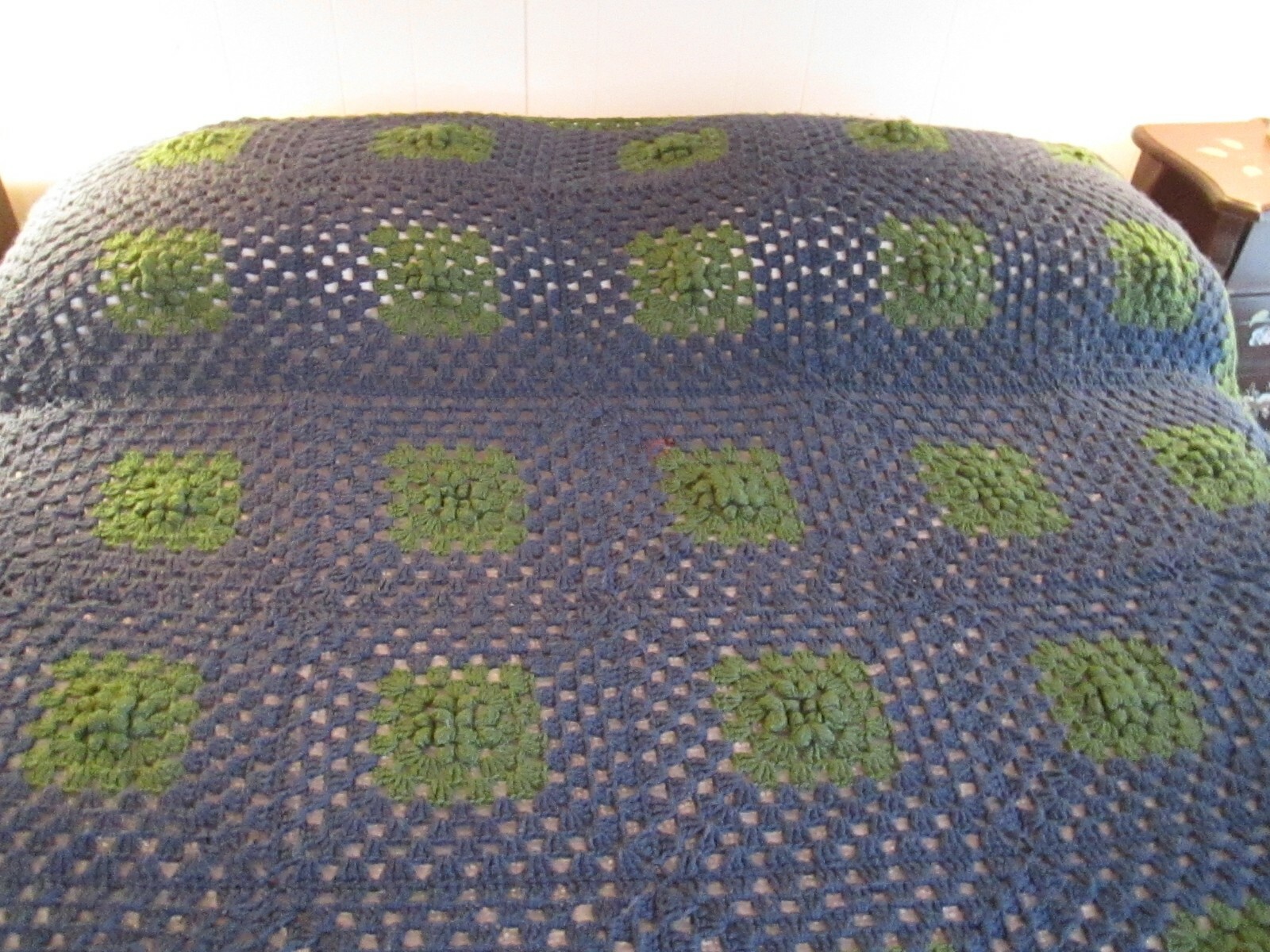 Vtg Granny Crocheted Afghan / Bedspread 3D Roses Flowers Blue & Green 66 X 100