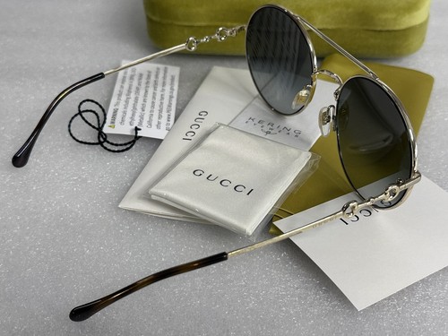 Pre-owned Gucci Gg0878s 001 Gold Havana Frame Grey Lens 59-20-140 Sunglasses Gg 0878 In Gray