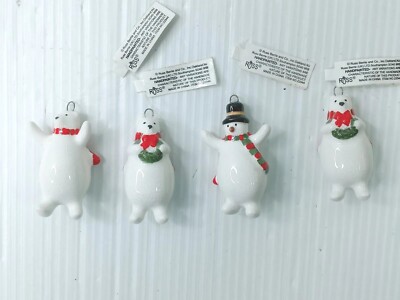 Russ Berrie Miniature Ceramic Snowmen & Polar Bear Ornaments Lot Of 4