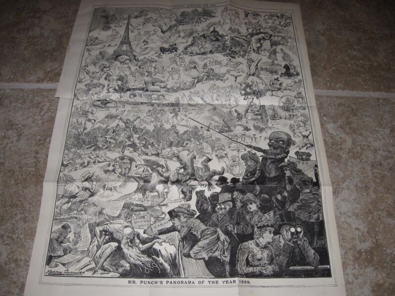 Zoom HUGE 1890 Original POLITICAL CARTOON - 1889 Year in Review JACK the RIPPER